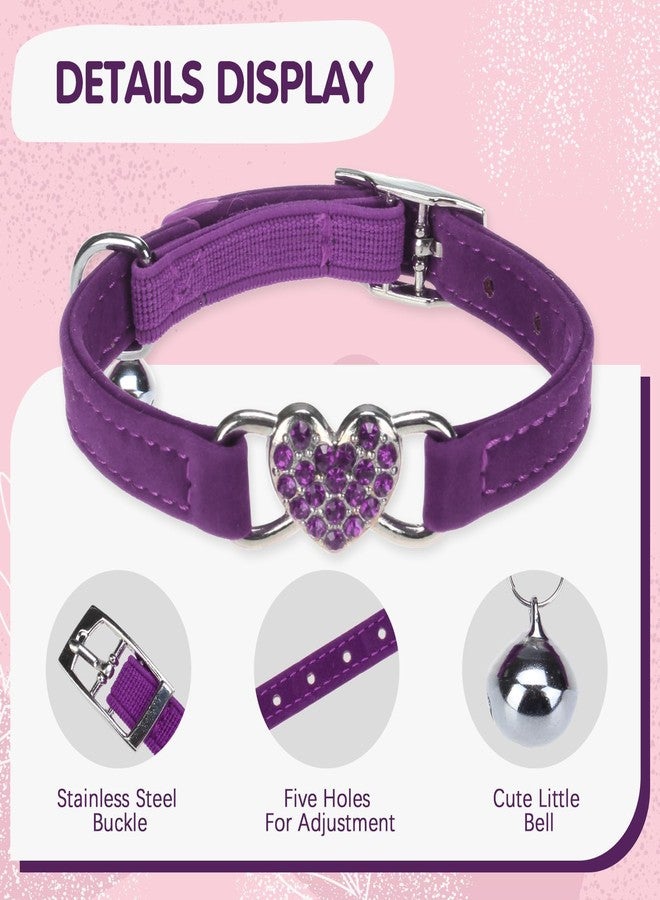 BINGPET Diamond Cat Collar,Adjustable Soft Velvet Leather Safe Kitten Collar with Crystal Heart Charm and Bells,Girl Boy Bling Stylish Cat Collars with Safety Elastic (Purple, Neck Girth 8"-10") - Image 5